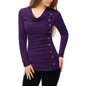 Women's Cowl Neck Long Sleeves Buttons Decor Ruched Top Purple